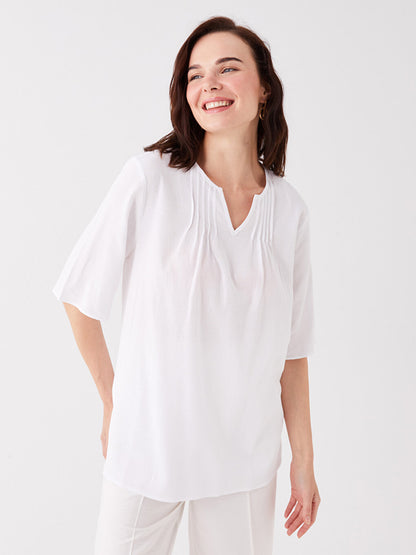 Loose Collar Plain Short Sleeve Women's Blouse