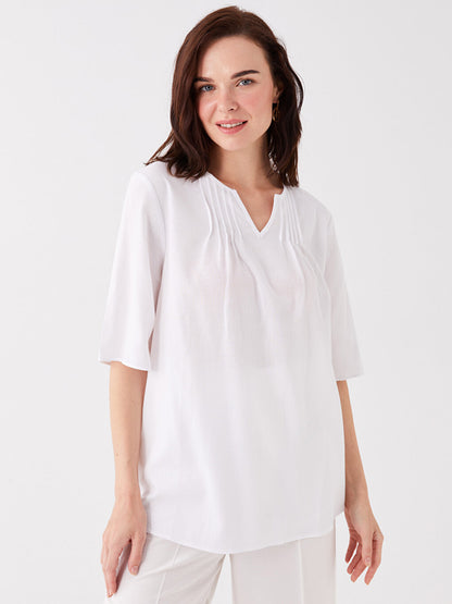 Loose Collar Plain Short Sleeve Women's Blouse