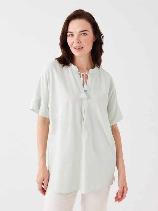 Tie Collar Plain Short Sleeve Linen Blend Women's Blouse