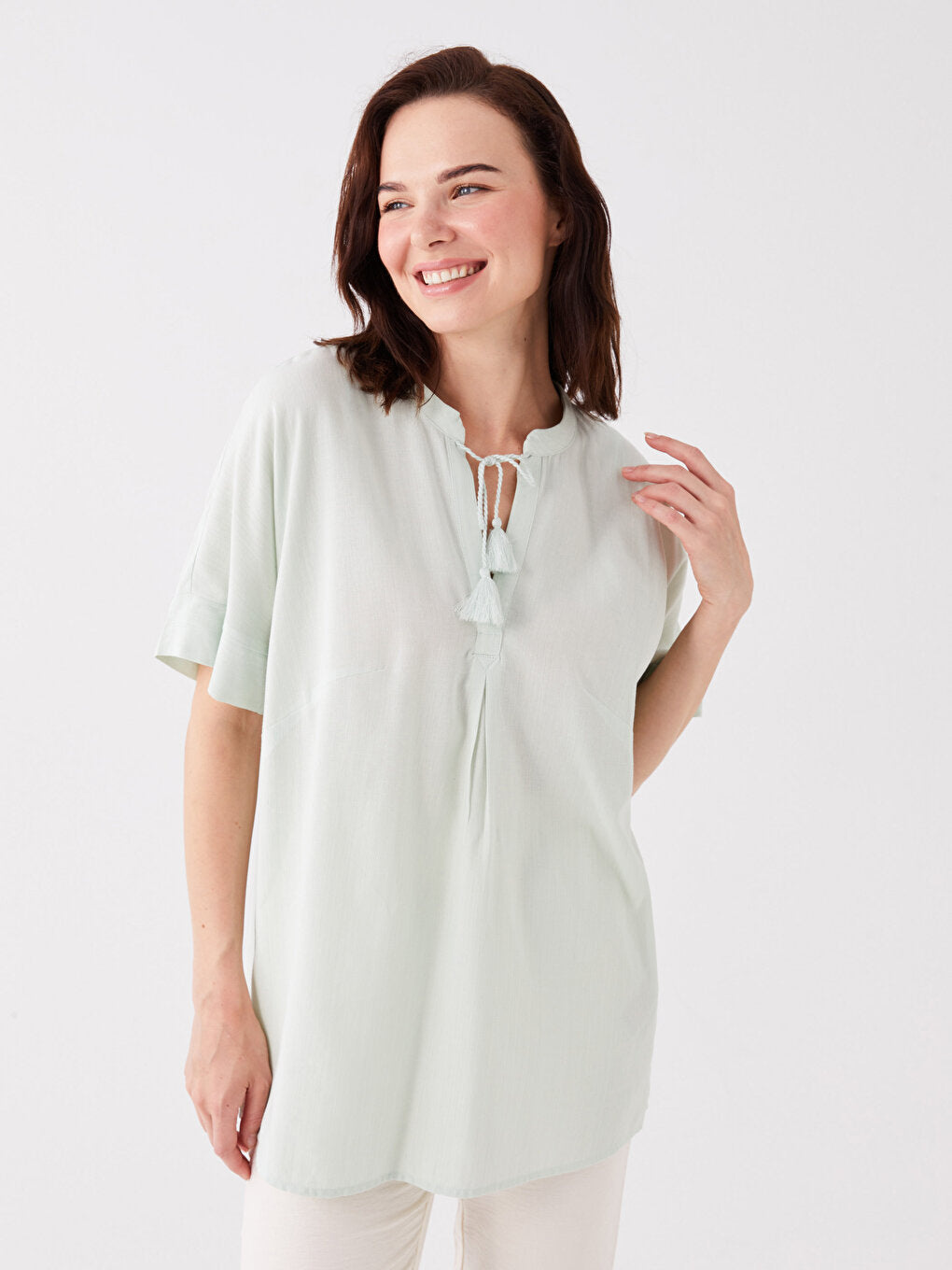 Tie Collar Plain Short Sleeve Linen Blend Women's Blouse