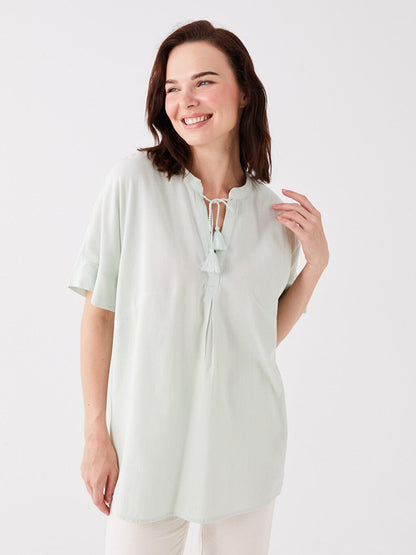 Tie Collar Plain Short Sleeve Linen Blend Women's Blouse