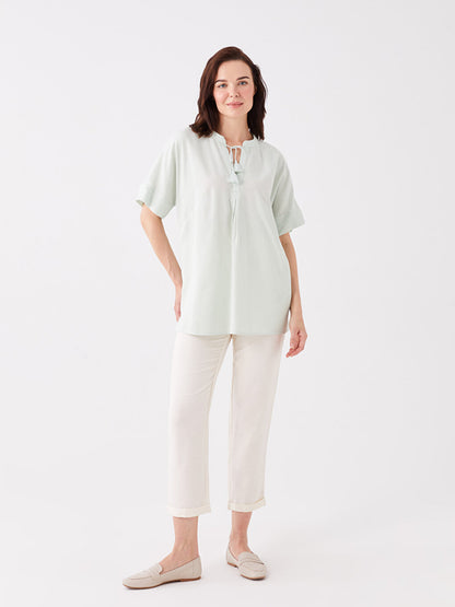 Tie Collar Plain Short Sleeve Linen Blend Women's Blouse