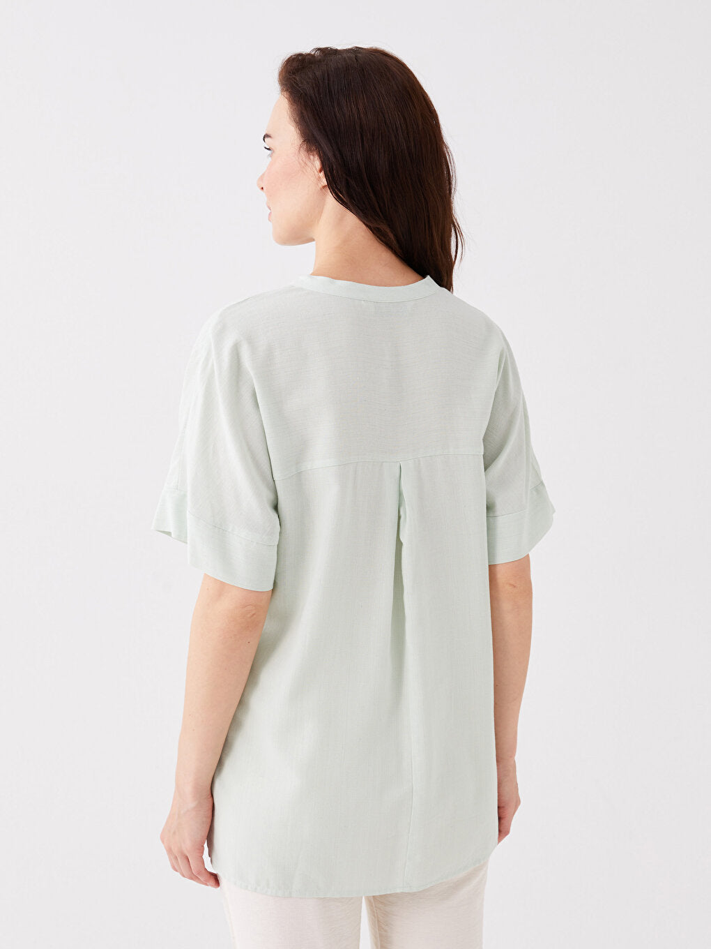 Tie Collar Plain Short Sleeve Linen Blend Women's Blouse