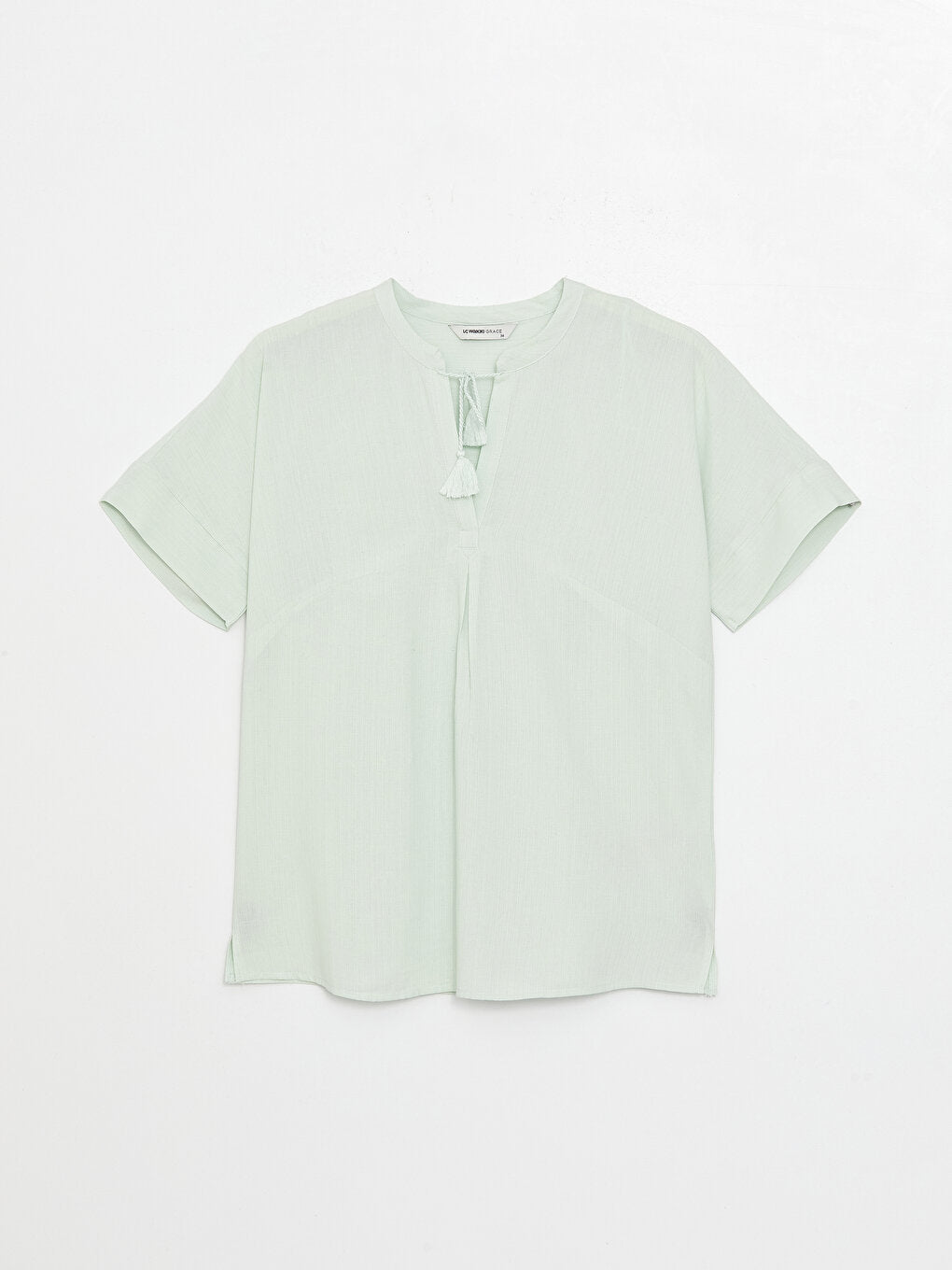 Tie Collar Plain Short Sleeve Linen Blend Women's Blouse