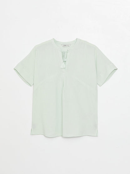 Tie Collar Plain Short Sleeve Linen Blend Women's Blouse