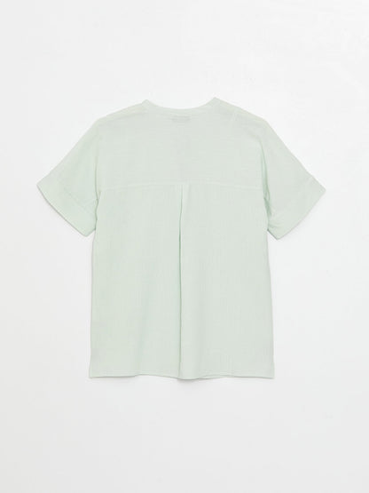 Tie Collar Plain Short Sleeve Linen Blend Women's Blouse