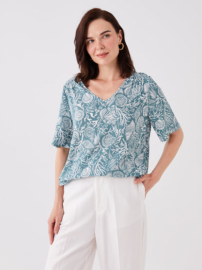 V-Neck Patterned Short Sleeve Women's Blouse