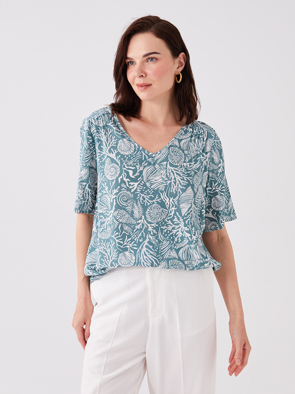 V-Neck Patterned Short Sleeve Women's Blouse