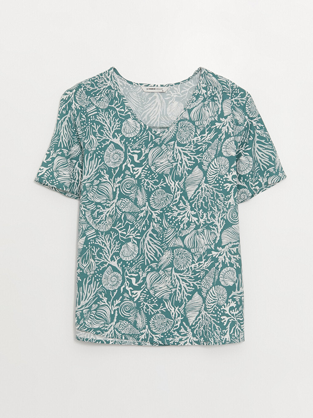 V-Neck Patterned Short Sleeve Women's Blouse