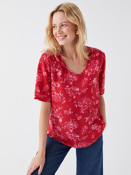 V-Neck Patterned Short Sleeve Women's Blouse