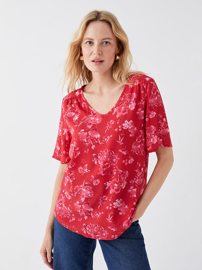 V-Neck Patterned Short Sleeve Women's Blouse