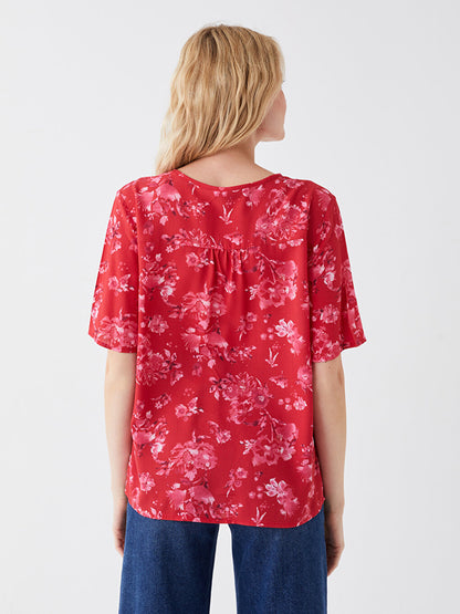 V-Neck Patterned Short Sleeve Women's Blouse