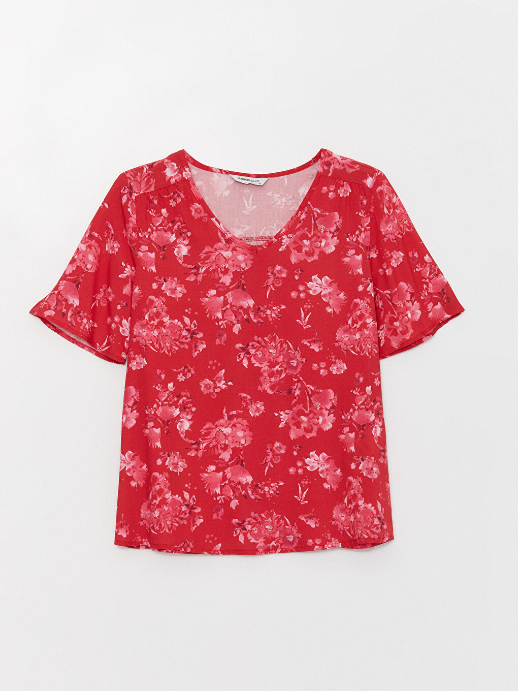 V-Neck Patterned Short Sleeve Women's Blouse