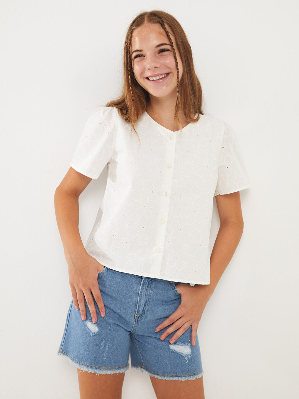 V-Neck Embroidered Short Sleeve Girl's Shirt