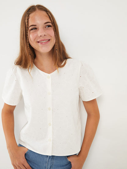 V-Neck Embroidered Short Sleeve Girl's Shirt