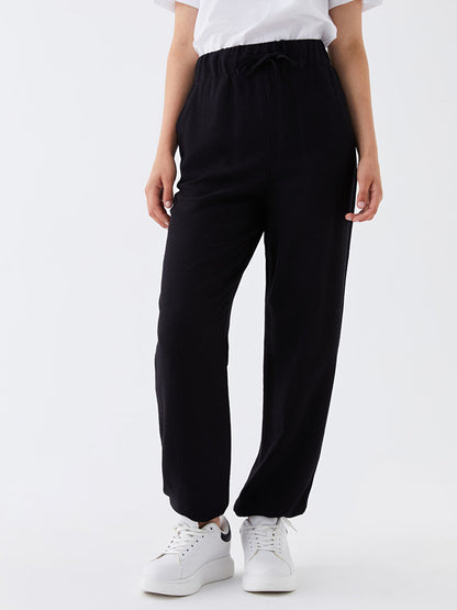 Plain Linen Blend Women's Jogger Pants with Elastic Waist