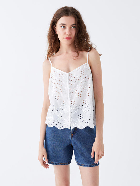 V-Neck Self-Patterned Strappy Crop Women's Blouse