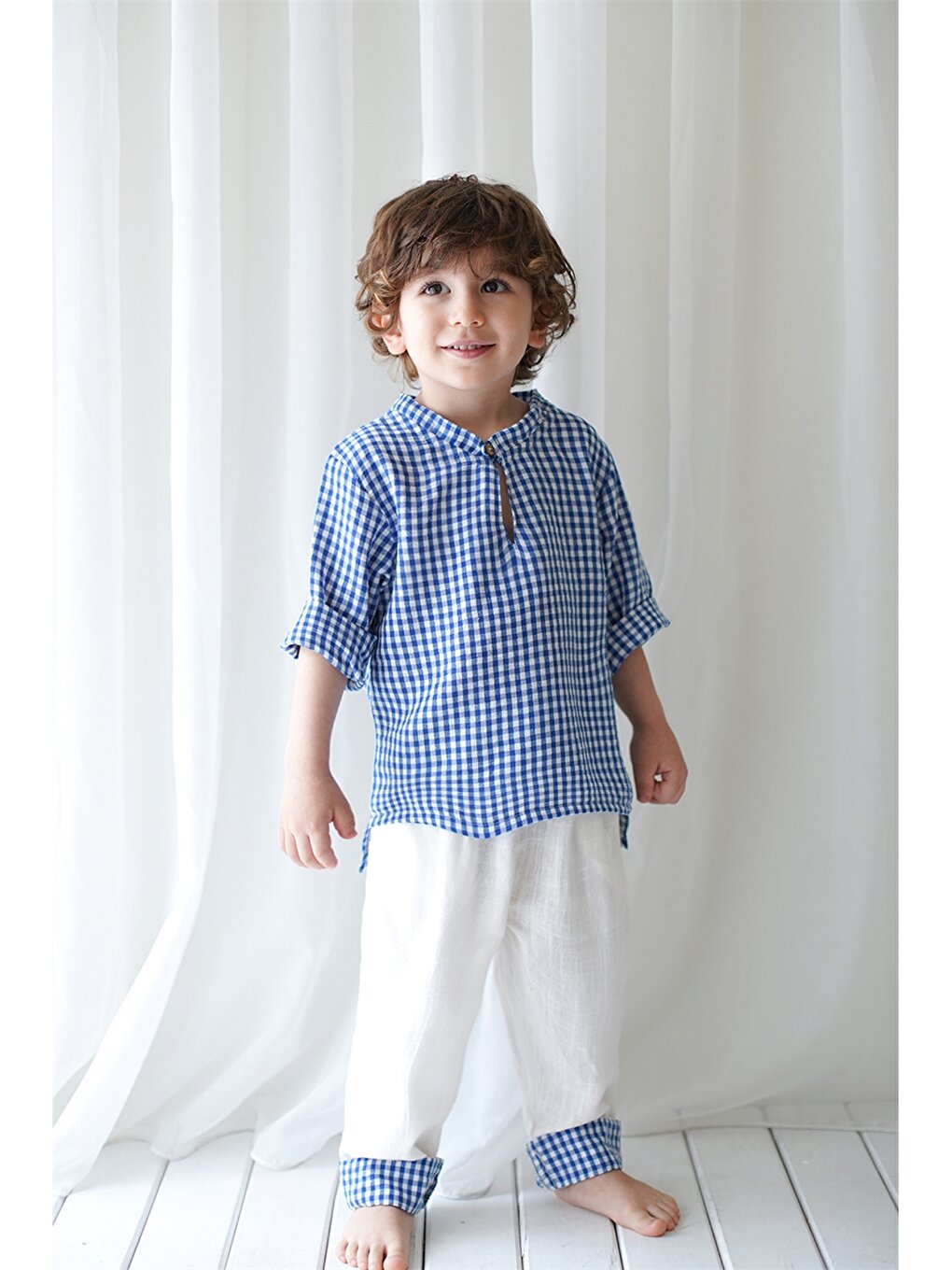 Short Sleeve Plaid Patterned Baby Boy Shirt and Trousers 2-Piece Set