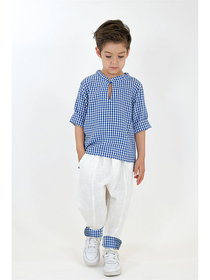 Short Sleeve Plaid Patterned Baby Boy Shirt and Trousers 2-Piece Set