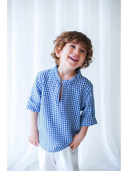 Short Sleeve Plaid Patterned Baby Boy Shirt and Trousers 2-Piece Set