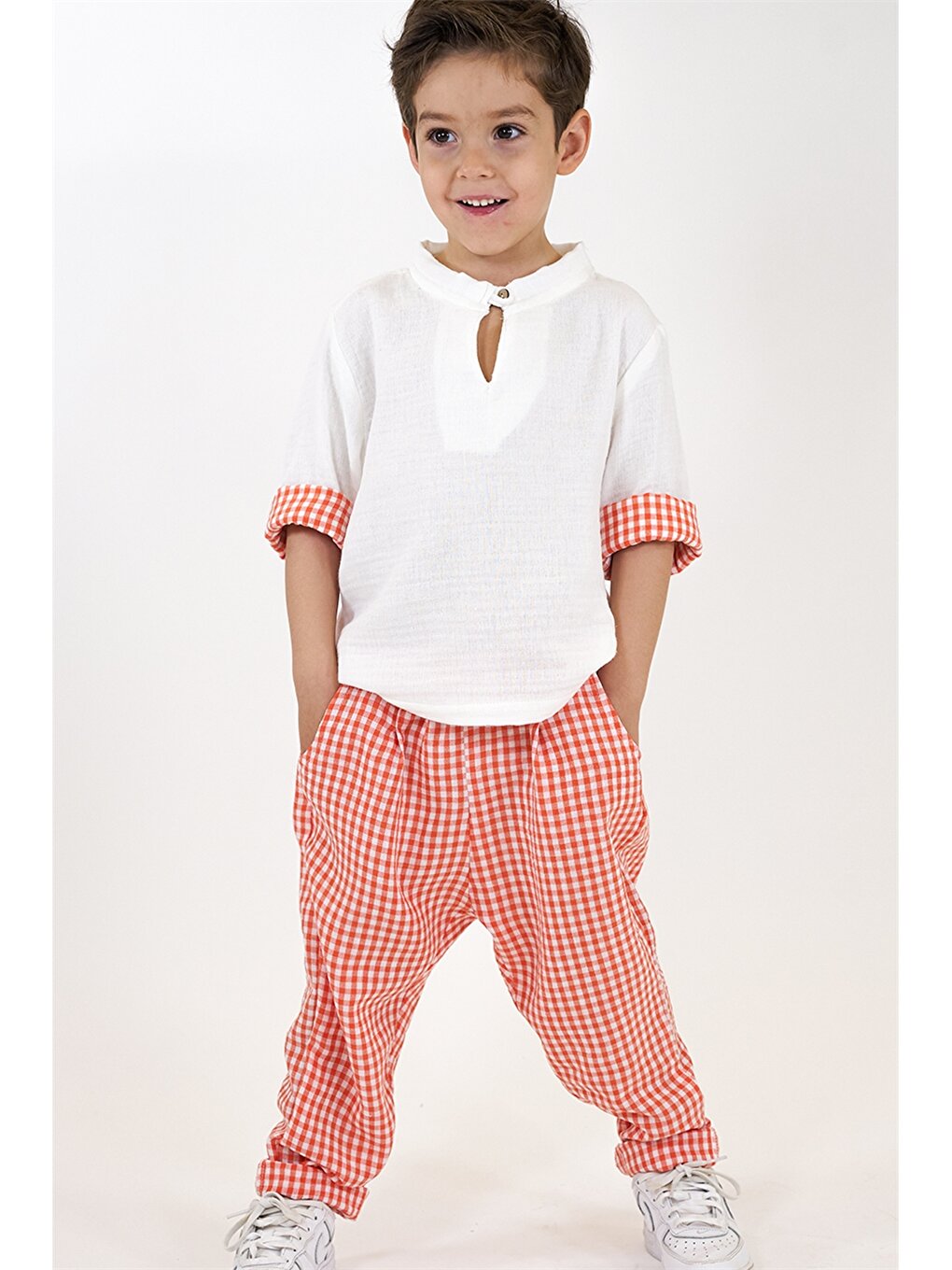 Short Sleeve Plaid Patterned Baby Boy Shirt and Trousers 2-Piece Set