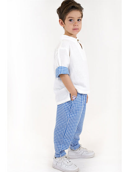 Short Sleeve Plaid Patterned Baby Boy Shirt and Trousers 2-Piece Set