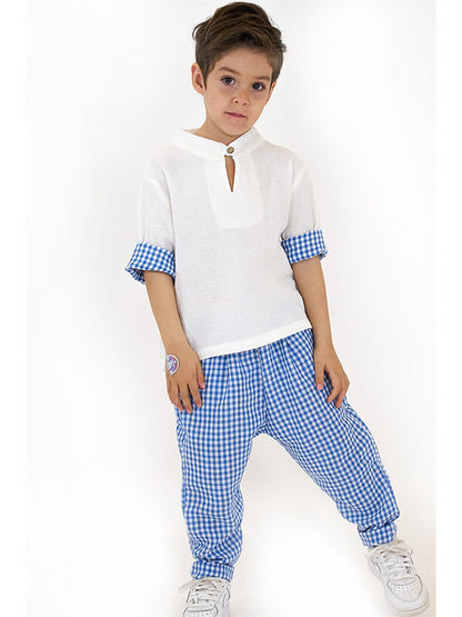 Short Sleeve Plaid Patterned Baby Boy Shirt and Trousers 2-Piece Set