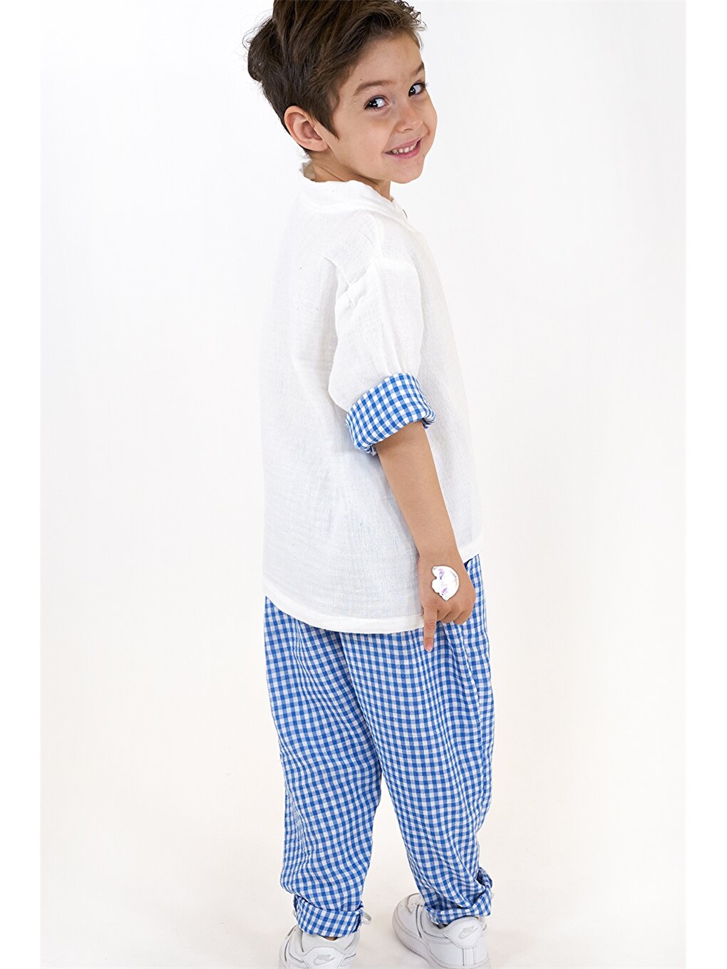 Short Sleeve Plaid Patterned Baby Boy Shirt and Trousers 2-Piece Set