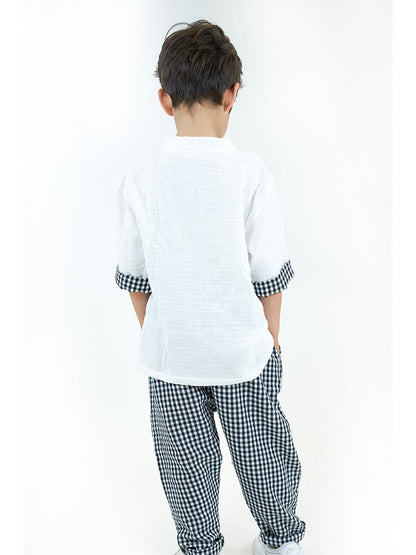 Short Sleeve Plaid Patterned Baby Boy Shirt and Trousers 2-Piece Set