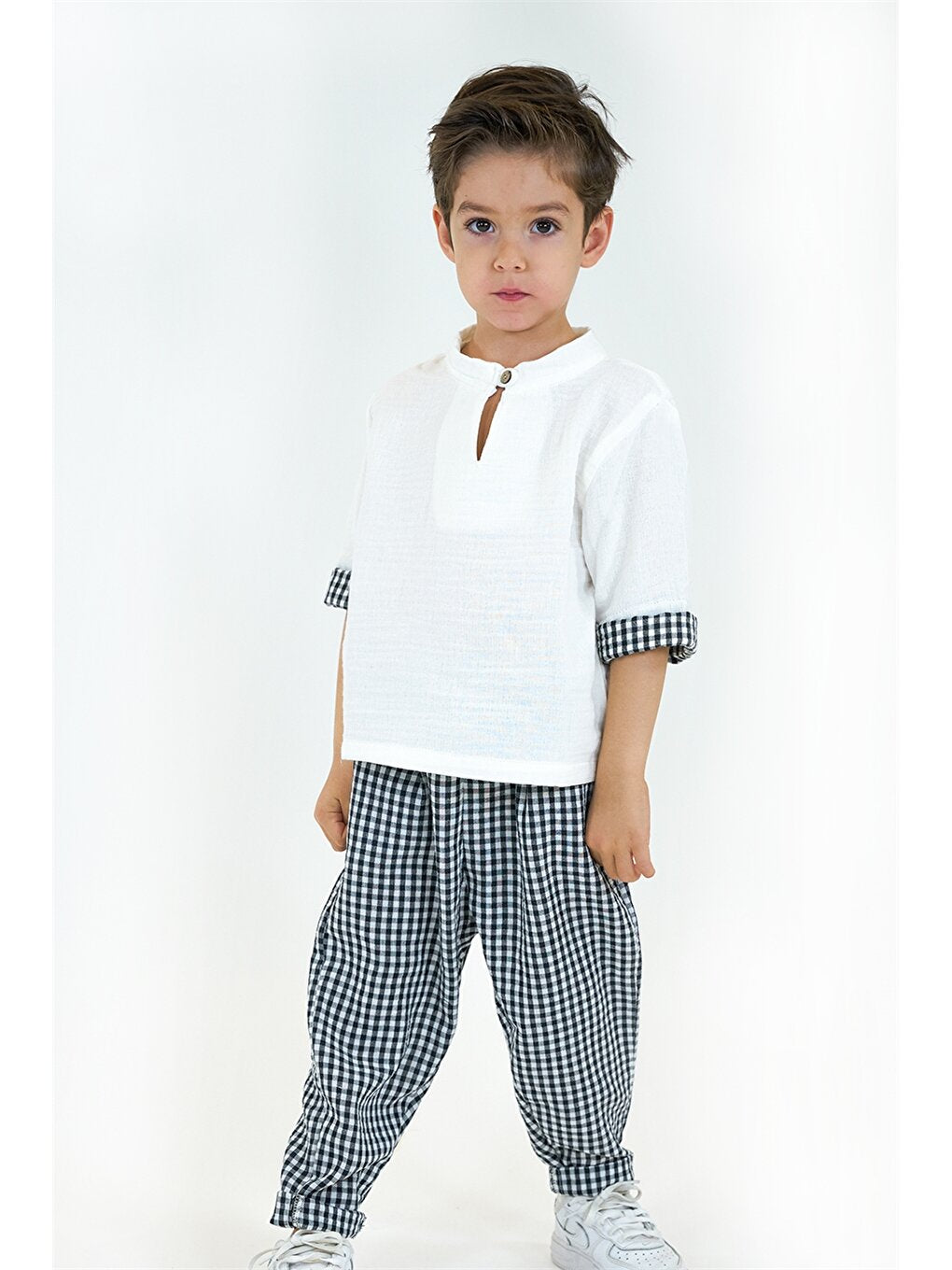 Short Sleeve Plaid Patterned Baby Boy Shirt and Trousers 2-Piece Set