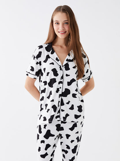 Shirt Collar Patterned Short Sleeve Women's Pajama Set