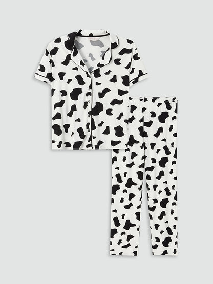 Shirt Collar Patterned Short Sleeve Women's Pajama Set