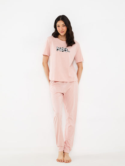 Crew Neck Printed Short Sleeve Women's Pajama Set