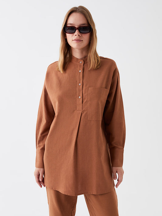 Judge Collar Plain Long Sleeve Linen Blend Women's Tunic