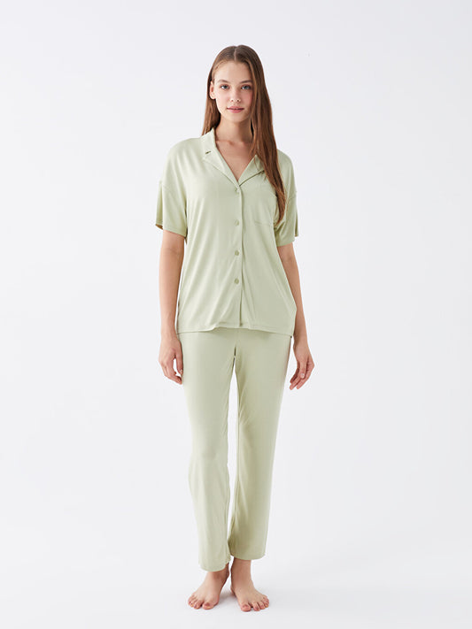 Shirt Collar Plain Short Sleeve Women's Pajama Set