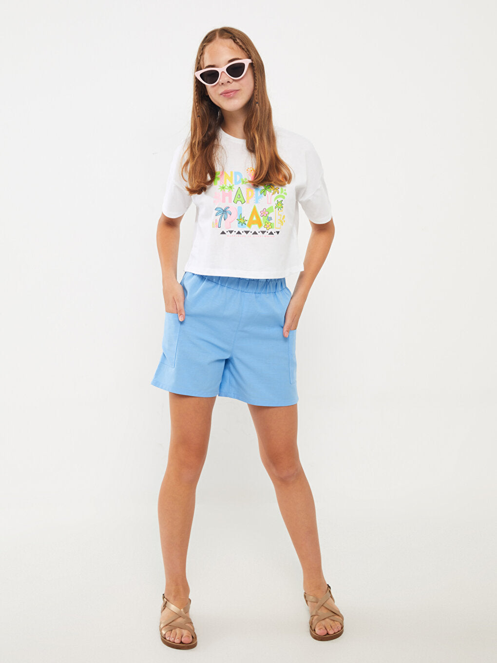 Crew Neck Printed Short Sleeve Girls Crop T-Shirt