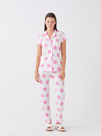 Shirt Collar Polka Dot Short Sleeve Women's Pajama Set