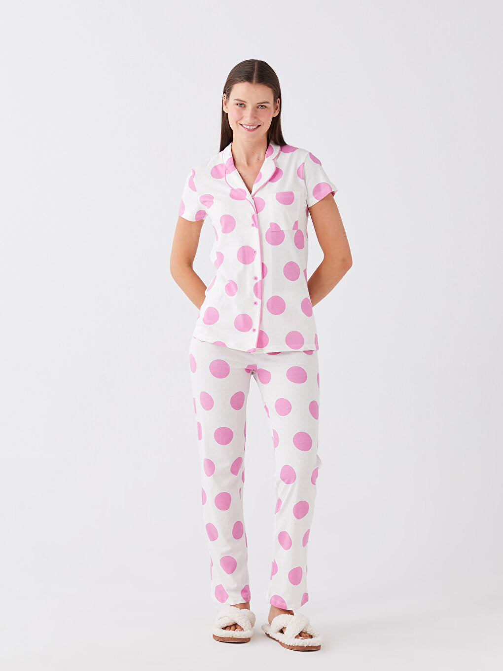 Shirt Collar Polka Dot Short Sleeve Women's Pajama Set