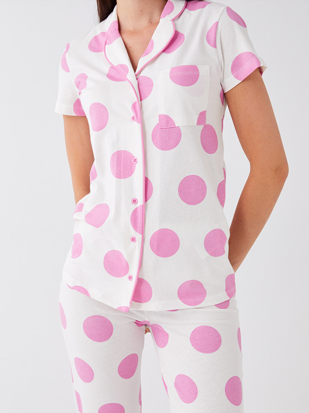 Shirt Collar Polka Dot Short Sleeve Women's Pajama Set