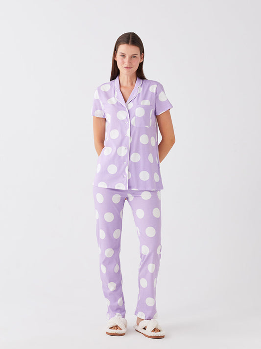 Shirt Collar Polka Dot Short Sleeve Women's Pajama Set