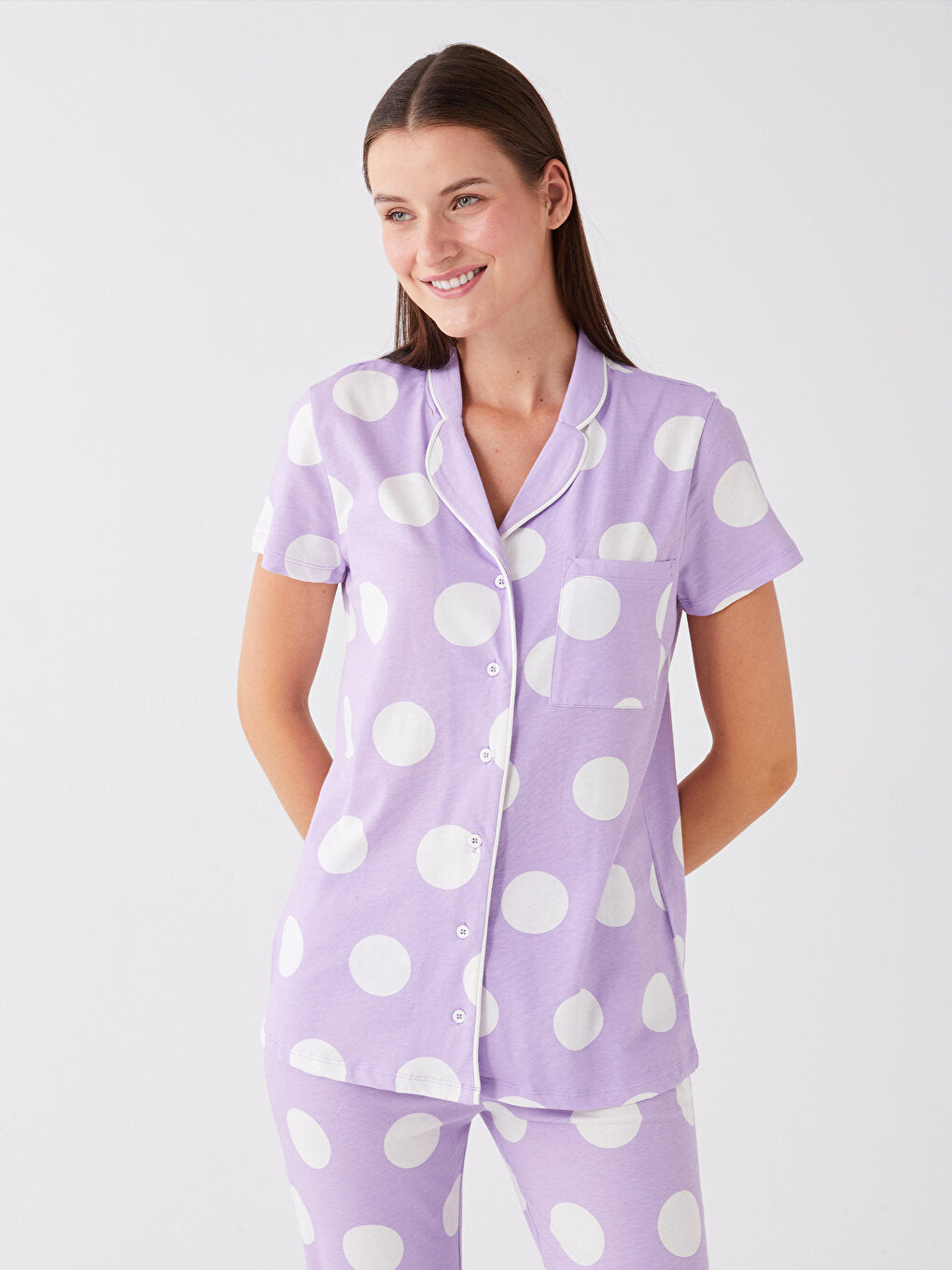 Shirt Collar Polka Dot Short Sleeve Women's Pajama Set