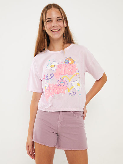 Crew Neck Printed Short Sleeve Girls' T-Shirt