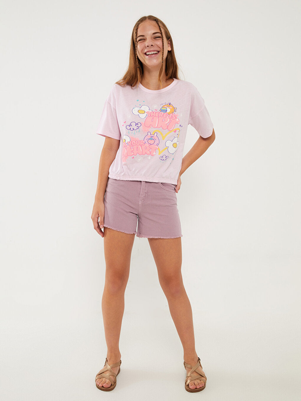 Crew Neck Printed Short Sleeve Girls' T-Shirt