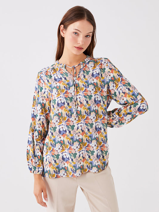 Tie-Up Collar Flower Long Sleeve Women's Blouse