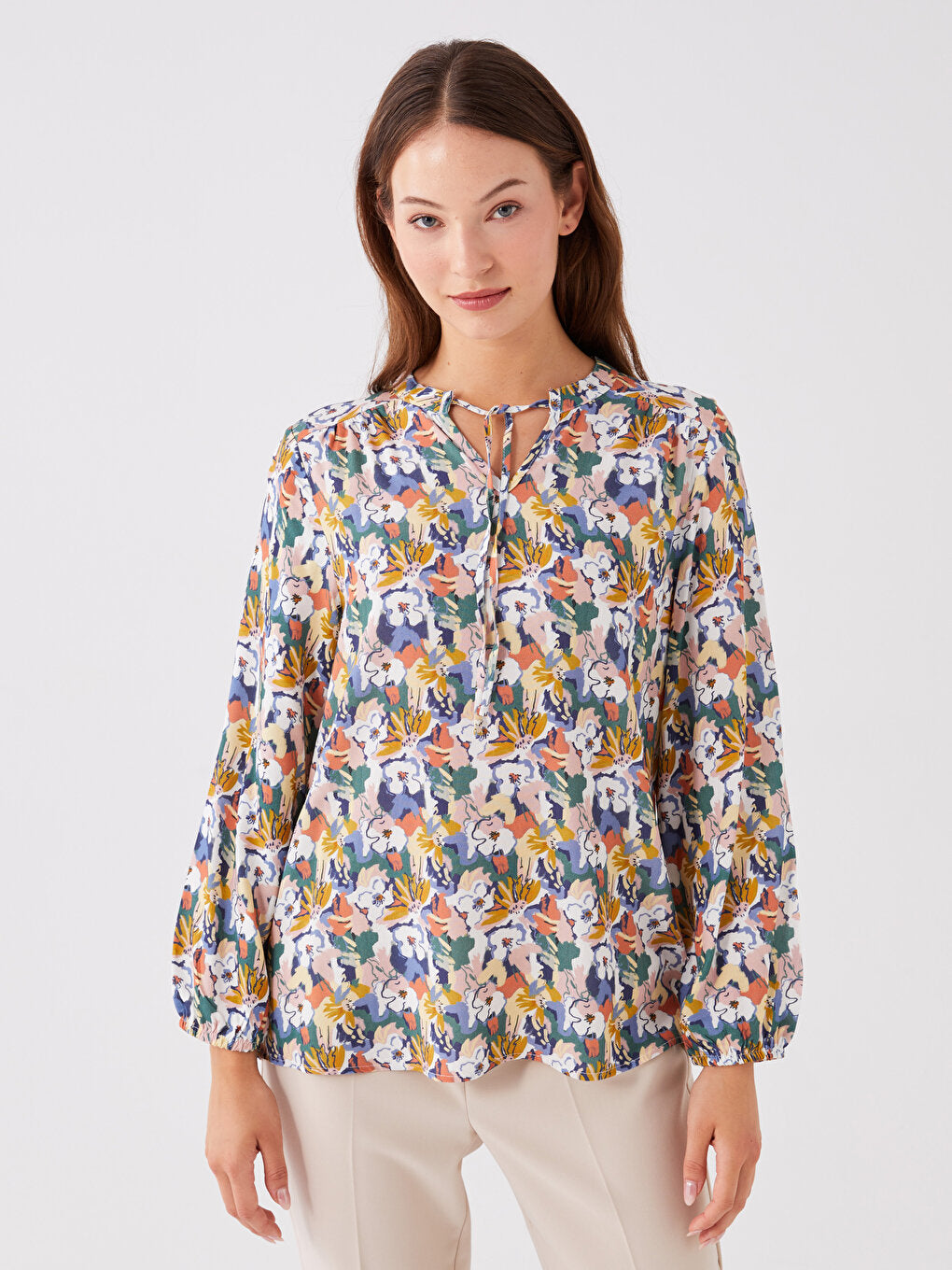 Tie-Up Collar Flower Long Sleeve Women's Blouse