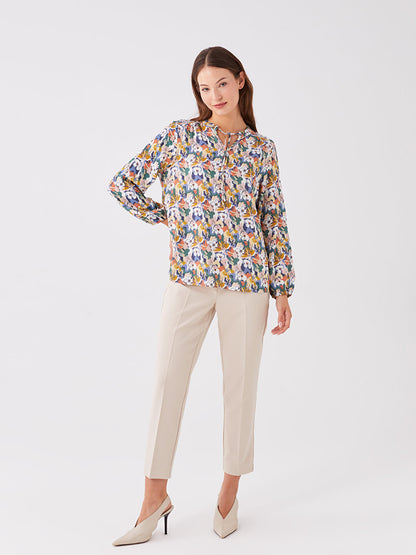 Tie-Up Collar Flower Long Sleeve Women's Blouse