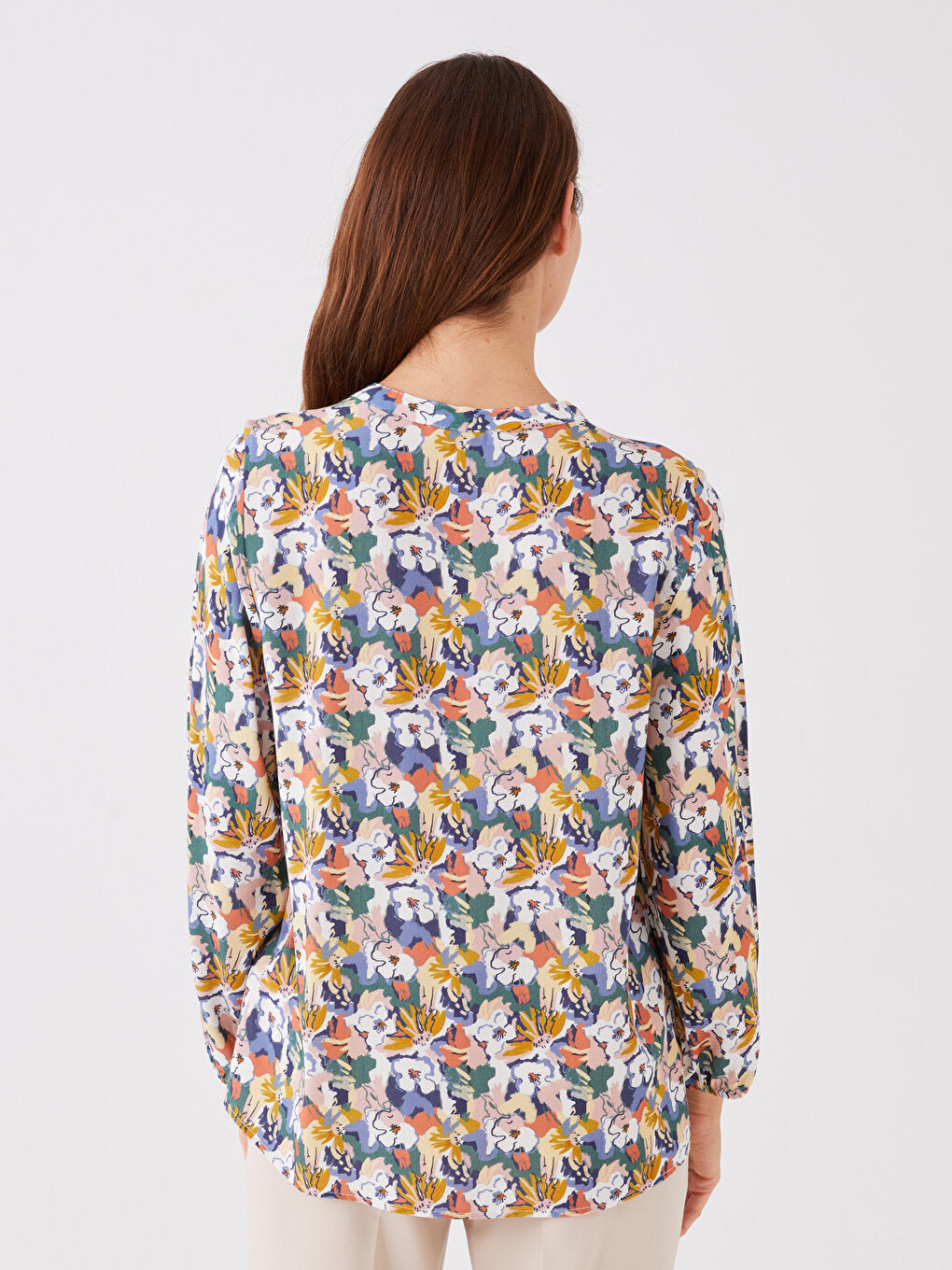 Tie-Up Collar Flower Long Sleeve Women's Blouse