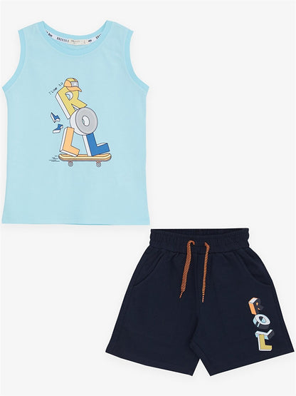 Crew Neck Printed Baby Boy Undershirt and Shorts 2-Piece Set