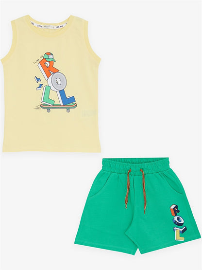 Crew Neck Printed Baby Boy Undershirt and Shorts 2-Piece Set