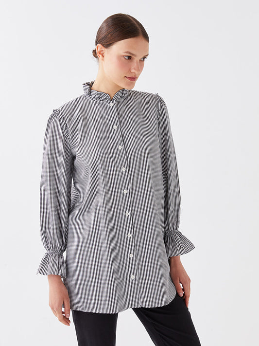 Ruffled High Collar Plaid Long Sleeve Women's Tunic